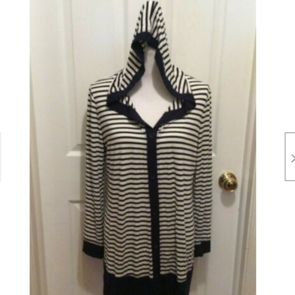 Soma Tops - Soma Top L White Dark Blue Stripe Long Sleeve Hood